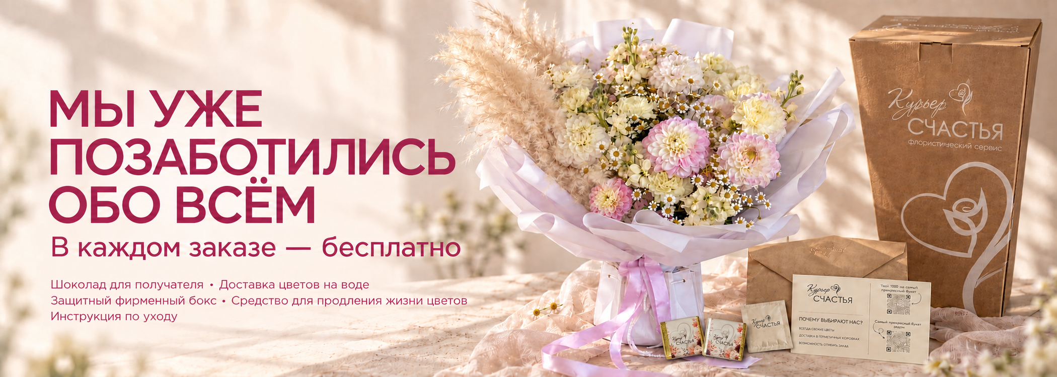 Мы уже позаботились обо всём. В каждом заказе бесплатно: шоколад для получателя, доставка цветов на воде, защитный фирменный бокс, средство для продления жизни цветов и инструкция по уходу.