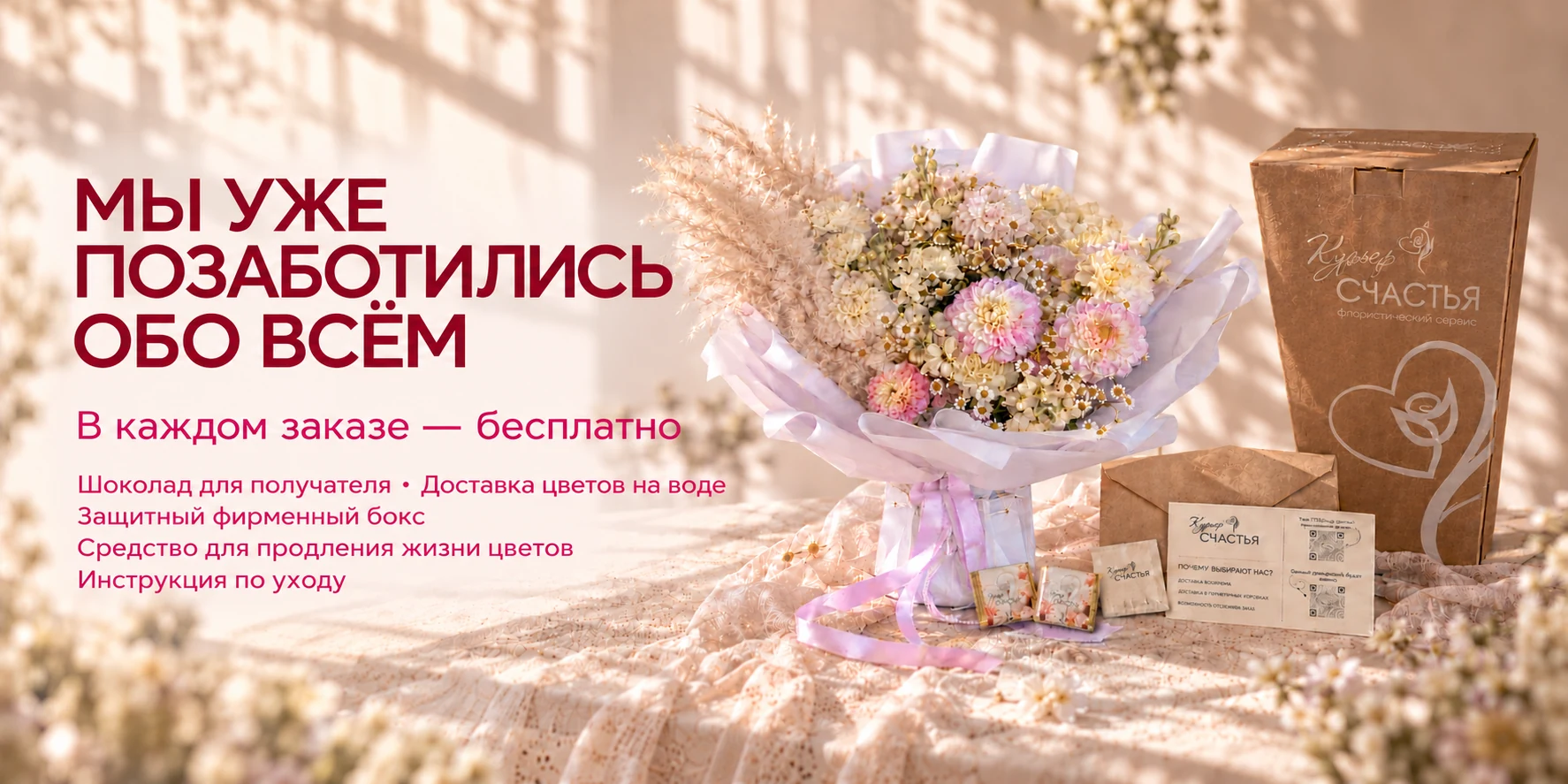 Мы уже позаботились обо всём. В каждом заказе бесплатно: шоколад для получателя, доставка цветов на воде, защитный фирменный бокс, средство для продления жизни цветов и инструкция по уходу.